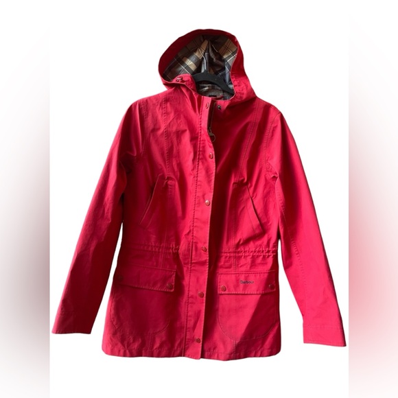 Barbour Red Hooded Jacket Women’s US Size 8 Waterproof Breathable Plaid Lining